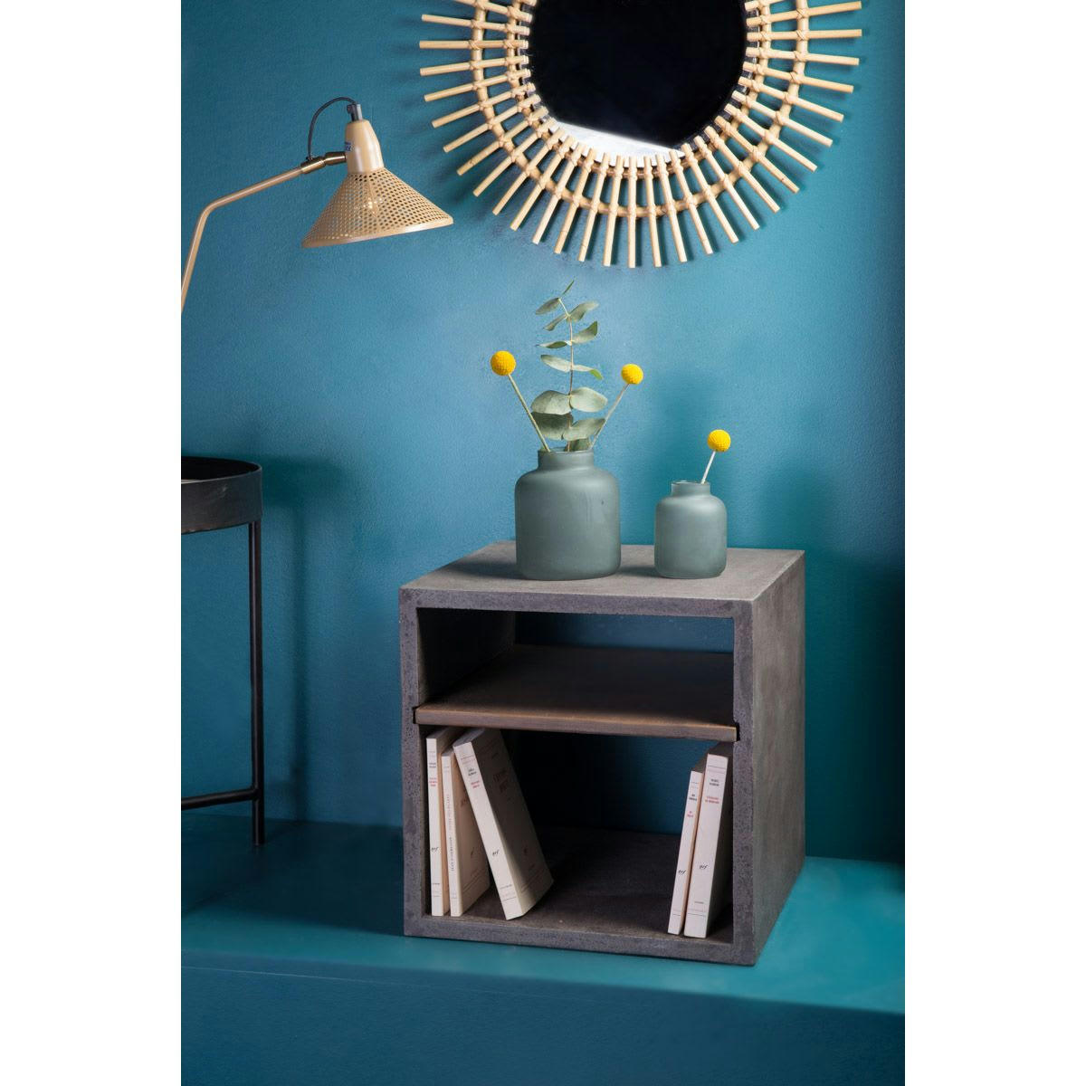 HERMITAGE - Cube béton et acacia de 40 cm gris foncé 2 niches