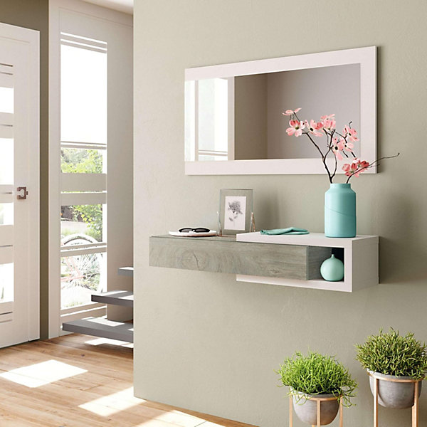 Meuble d'entrée avec un miroir coloris blanc artic / chêne - H.19 x L.95 x P.26 cm