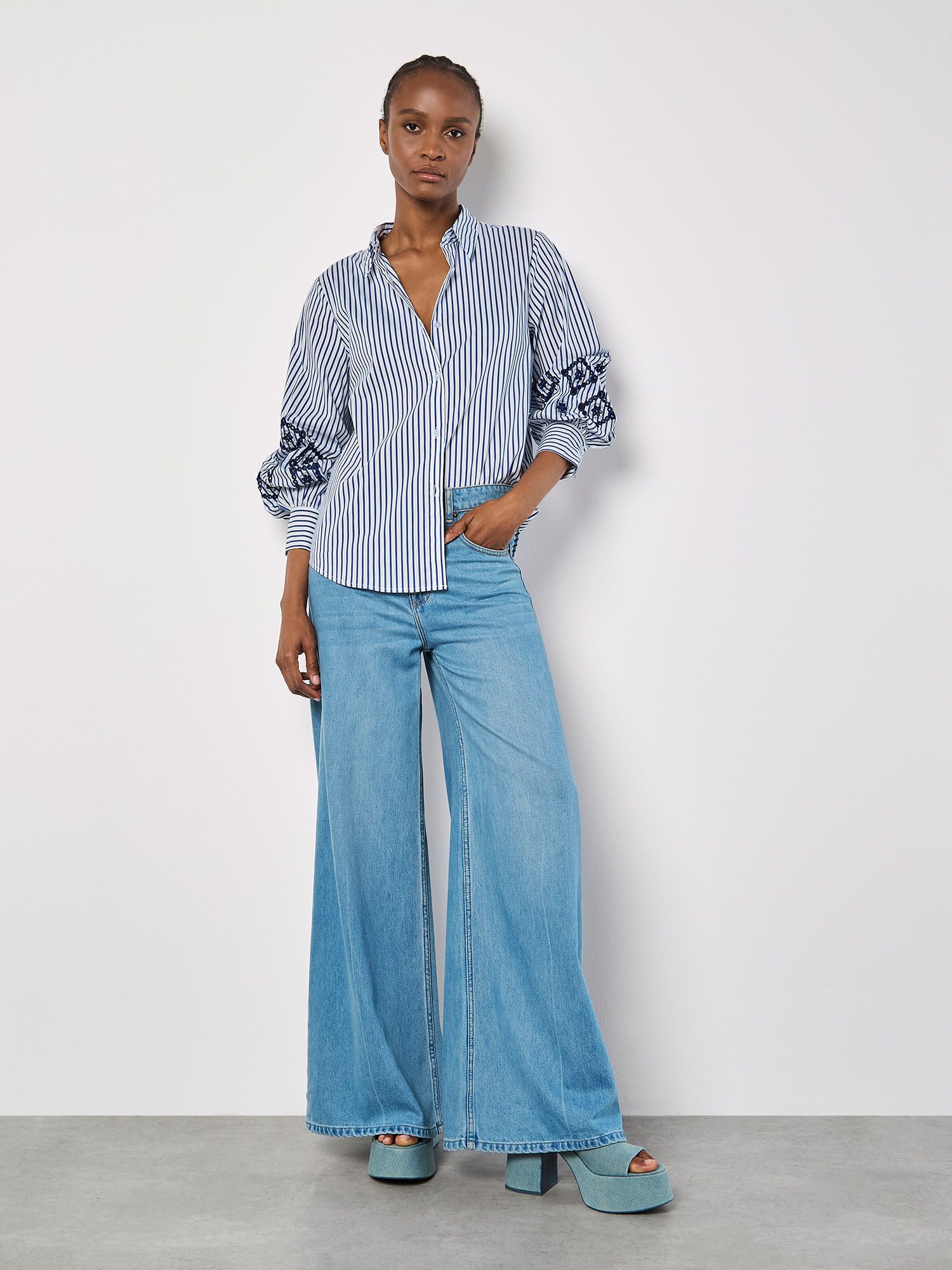 Apricot Embroidered Sleeves Stripe Shirt