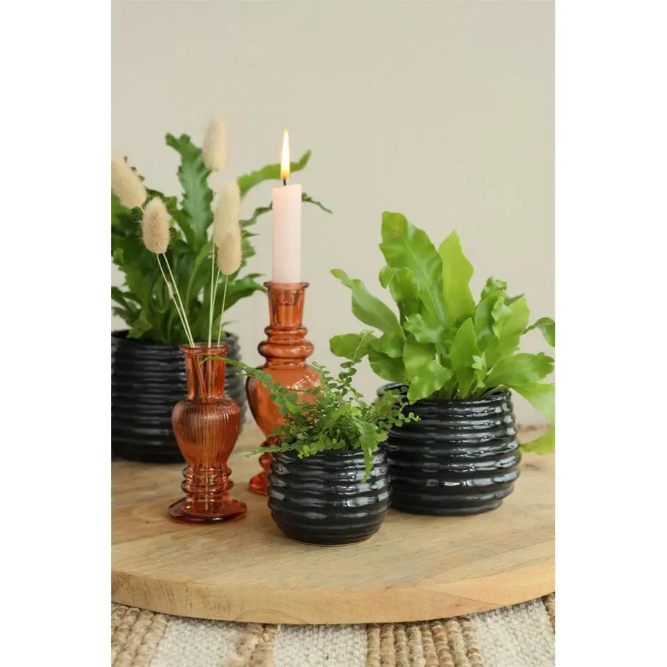 Ideas4seasons Plantenpot ribbel - zwart - D14 x H10 cm