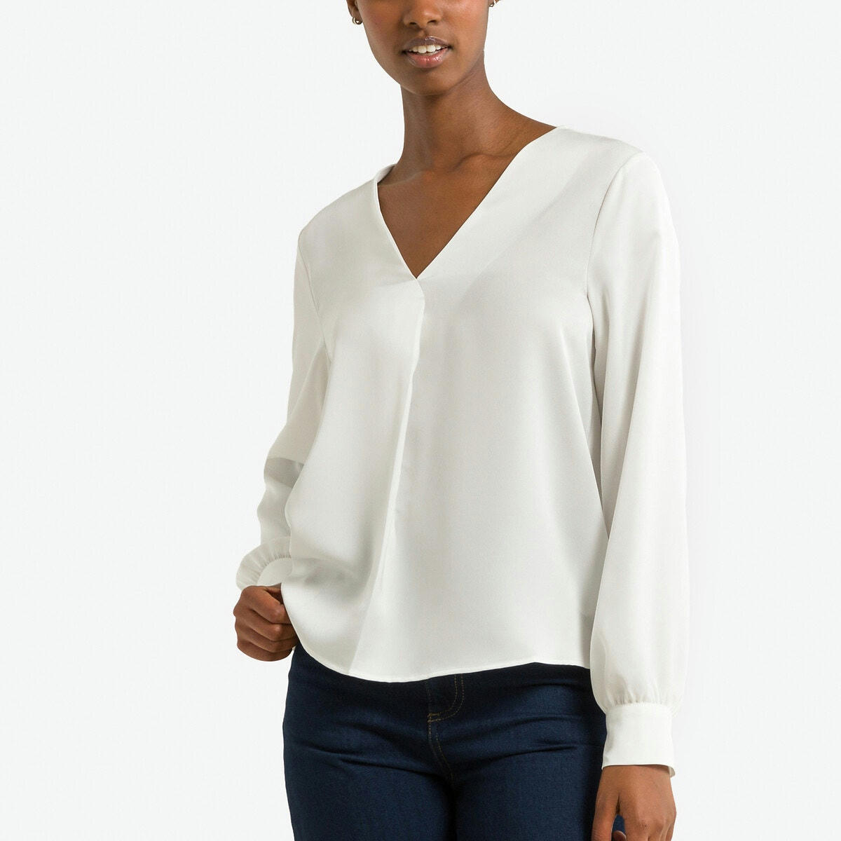 Blouse satinée, col V, manches longues
