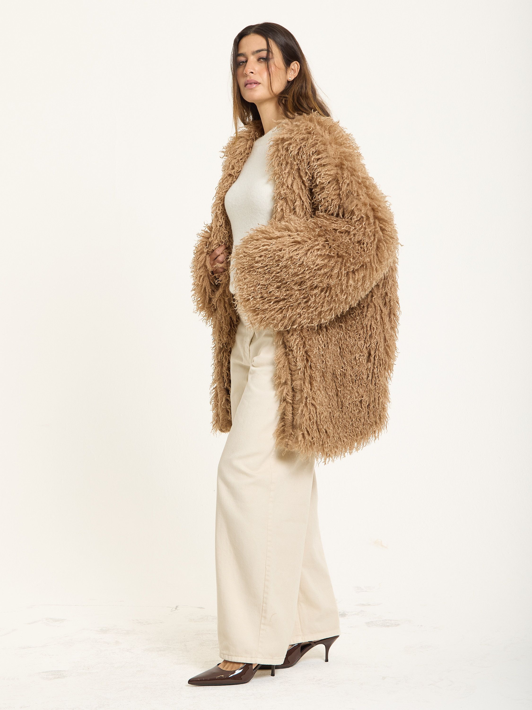 House of Holland Camel Long Shaggy Faux Fur Coat