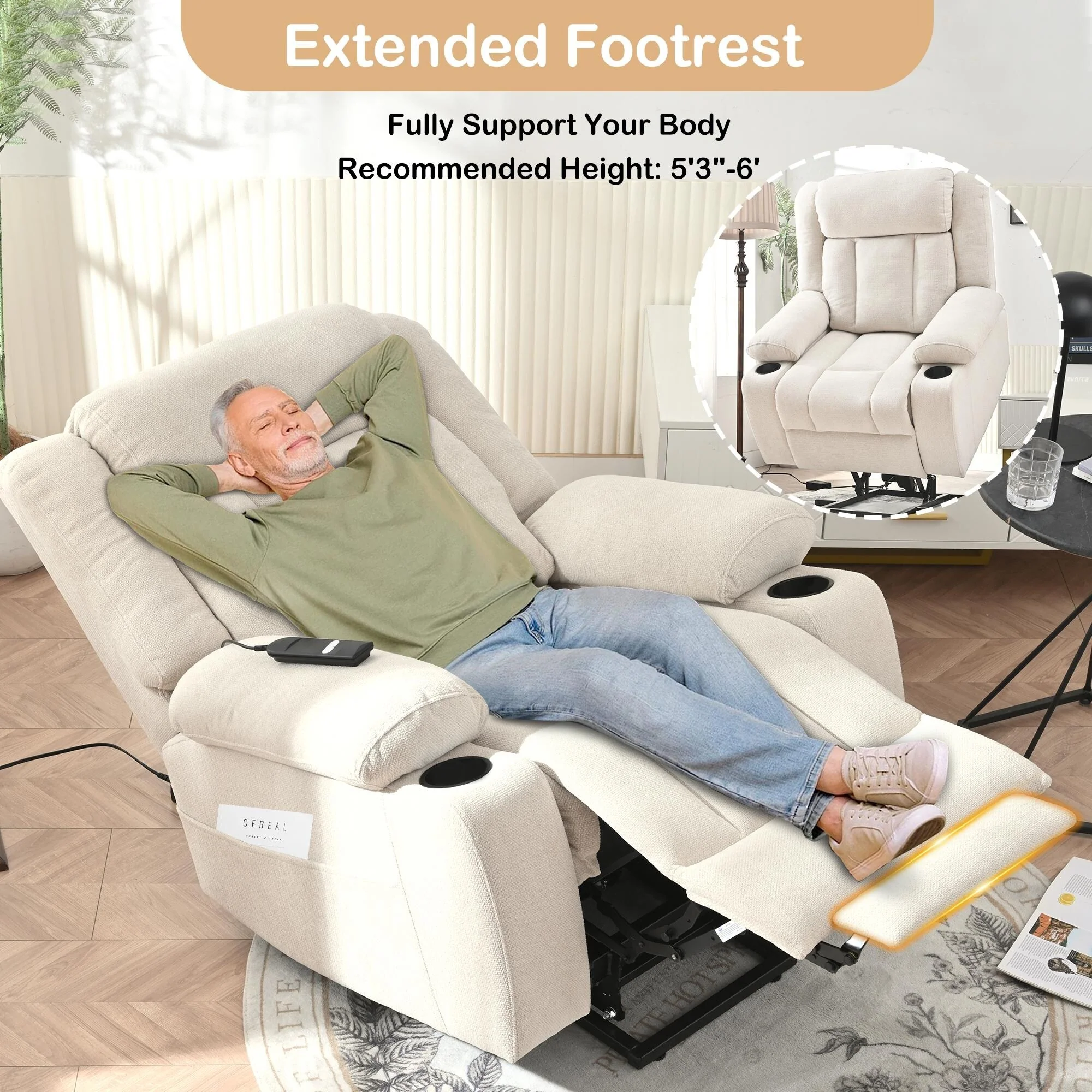 Power Lift Recliner Chair for Elderly, Classic Single Sofa with 2 Cup Holders,Side Pockets,Remote Control