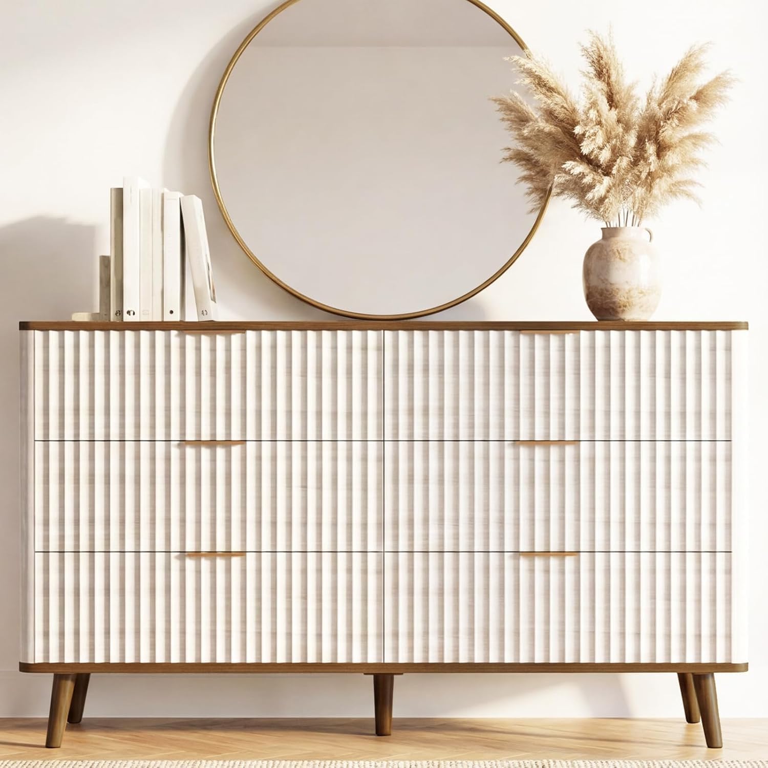 Fluted 6 Drawers Dresser, 47 Wide Wooden Chest of Drawers, Modern Mid Century Storage Closet Long Large TV Stand for Bedroom, Living Room,Hallway, Entryway, Nursery Room, Beige + Walnut