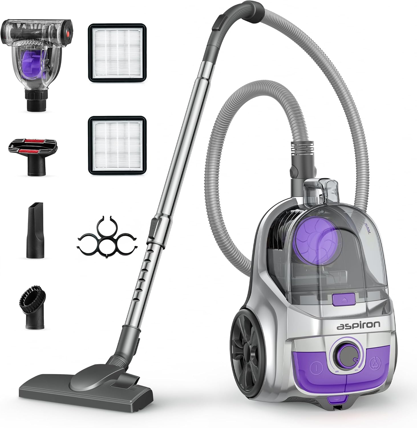 Aspiron Canister Vacuum, Upgraded 1600W Bagless Canister Vacuum Cleaner, Auto Cord Rewind, H13 HEPA Filter, 3.7Qt Large Capacity, 5 Tools for Hard Floors, Carpet, Pet, Upholstery, Tiles, Violet