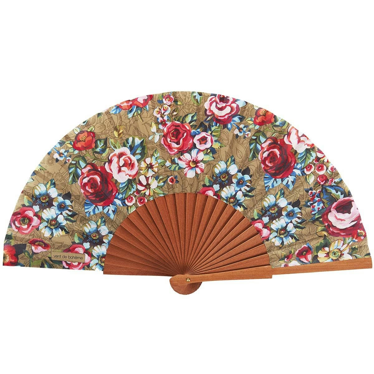 DEVI - Éventail en bois de merisier et coton imprimé fleuri Dore
