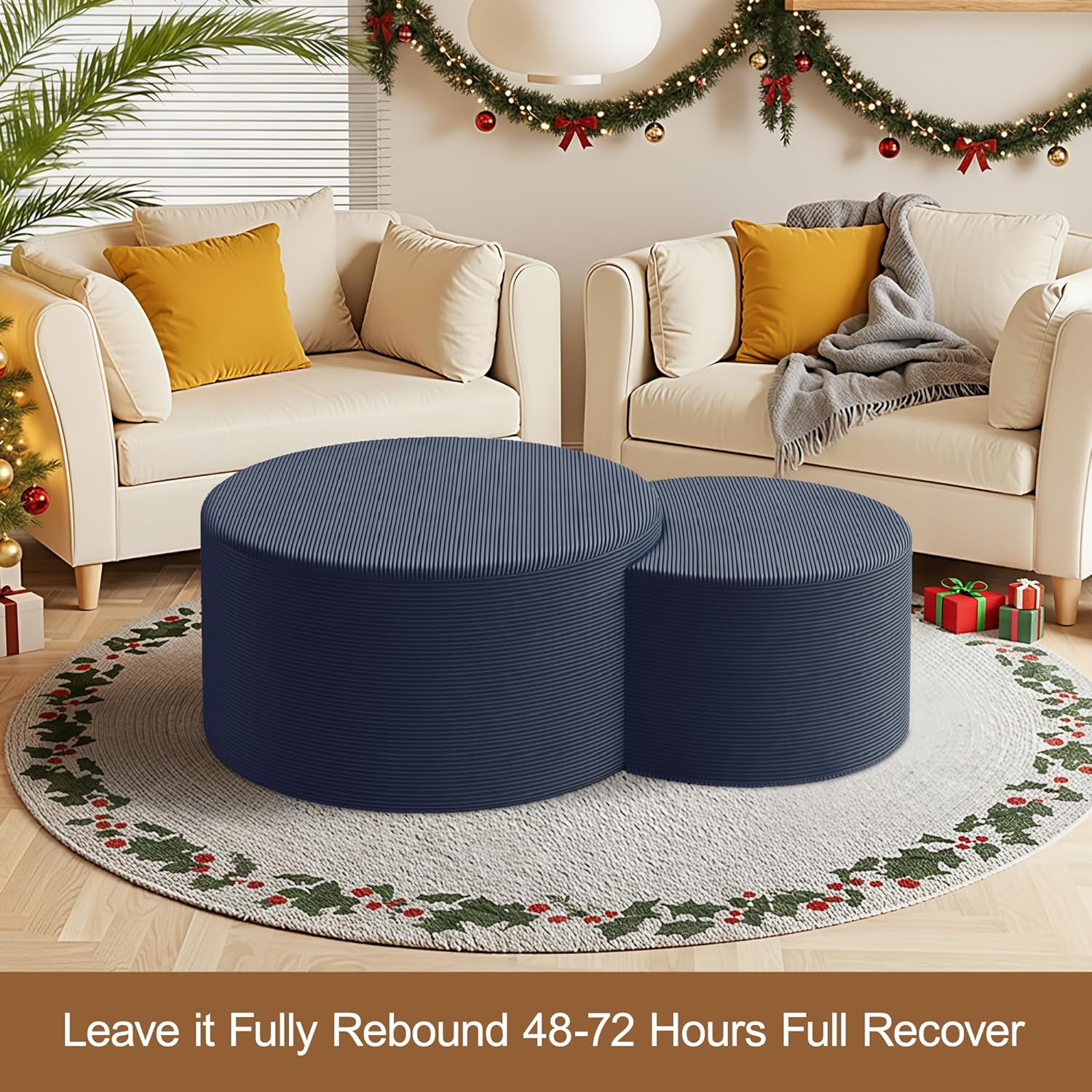 BSHOMGI Nesting Coffee Table Set of 2, Upholstered Round Corduroy Circle Foam Round Side Table for Living Room, Entryway Set, 32+17 Footrest No Assembly (Blue, 32+17)