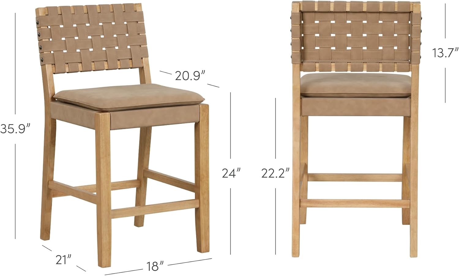 Nathan James Cohen Mid-Century Modern Leather Bar Stool, Counter Height Chair in Solid Wood Frame with Footrest and Woven Leather Back for Kitchen, Natural Brown, 1 count, Barstool - 24
