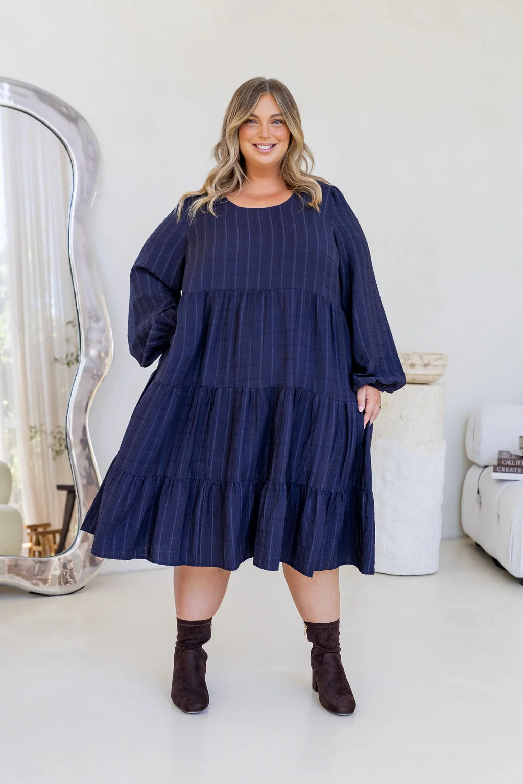 Long Sleeve Greta Midi Dress in Navy