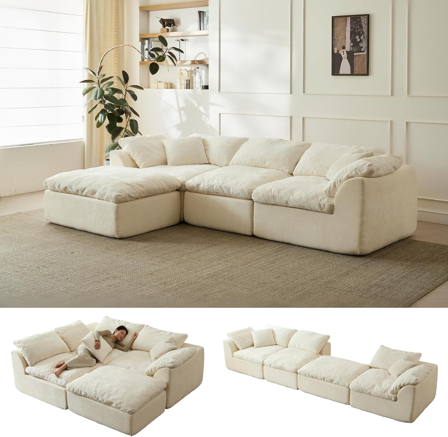 109 Modern Cloud Couches for Living Room, Deep Seat Convertible L-Shape Boneless Couch with Ottoman, Oversized Comfy 3-Seater Couch Chenille Fabric Compressed Sofa Modular Sectional Sofa,Creamy White