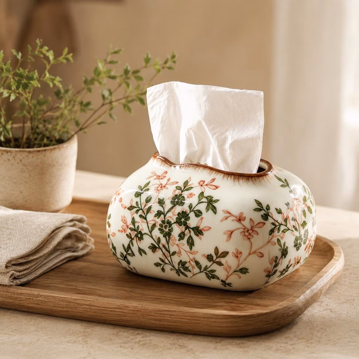 Floral CeramicTissue Box Cover, HandmadePorcelainTissue Holder, VintageBotanical Home Decor, ElegantBathroom VanityDecor, Living Room Accent