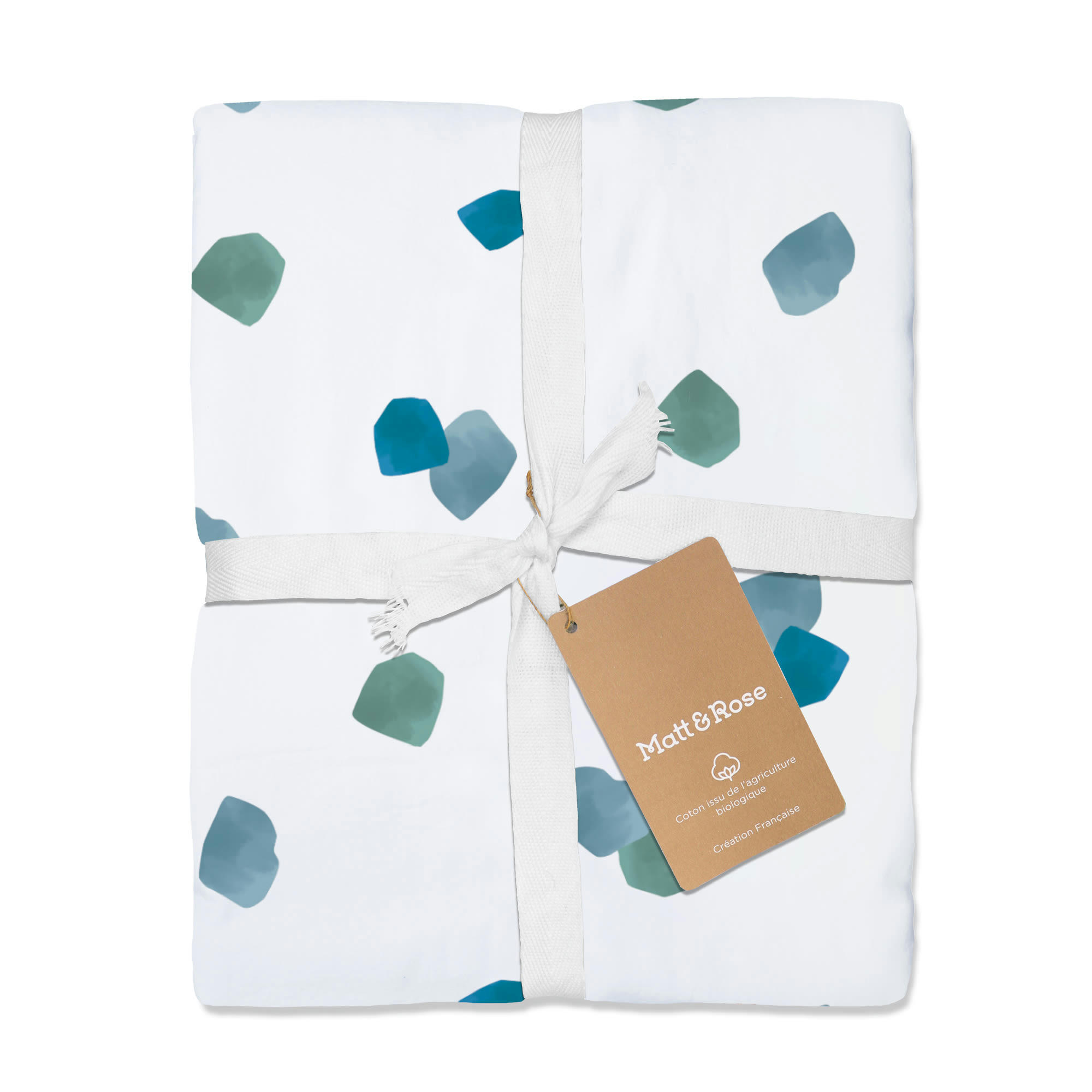 AQUARELLE - Drap-housse imprimé en percale de coton BIO Bleu 140x200 cm