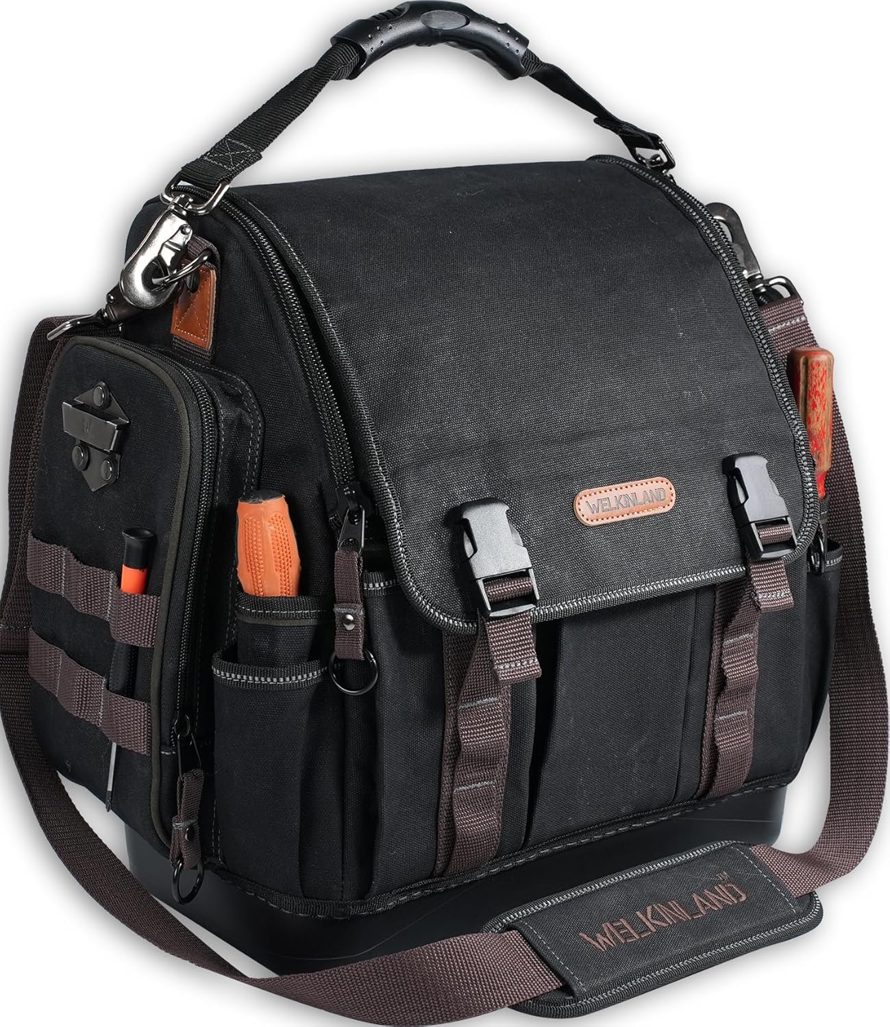 WELKINLAND 41-Pocket Electrician Tool Bag, 14-Inch HVAC Tools Bag, Heavy-Duty Waxed Canvas Tools Bags, Hard Bottom Tool Bags, Stay-up top-open Tool Bag, Quick-Access Tool Bags For Men