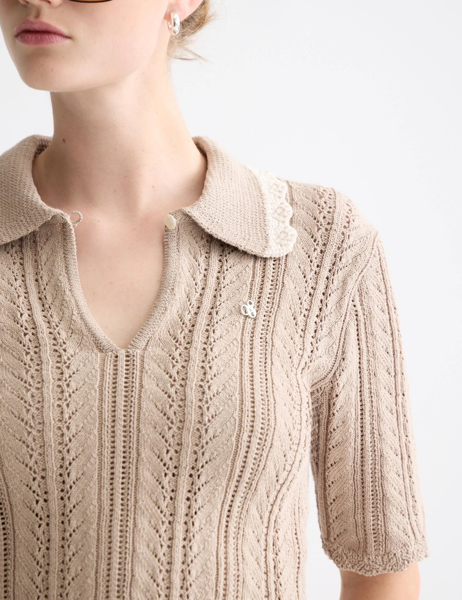 Pointelle collared knitted polo