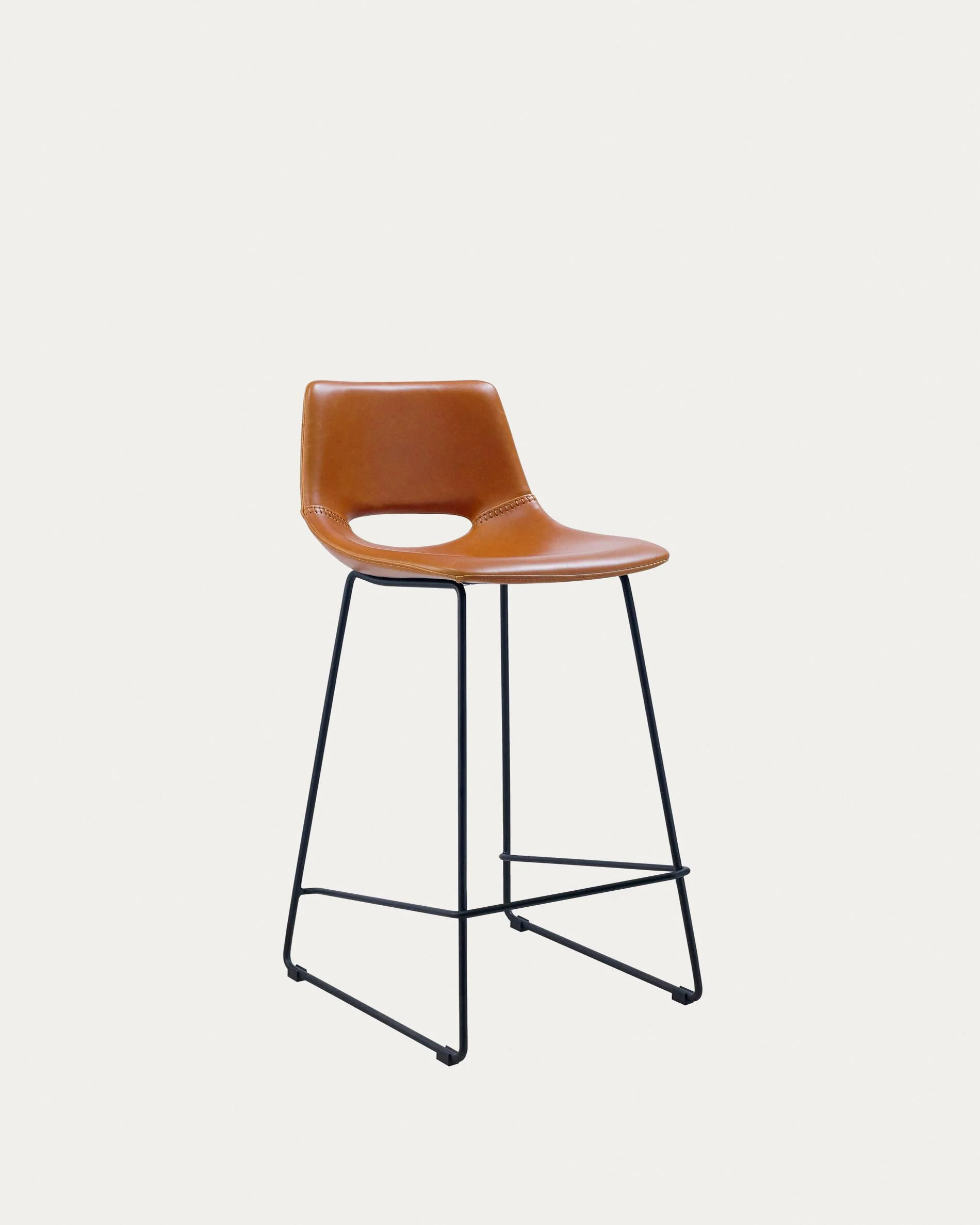 Zahara bar stool in brown synthetic leather with steel legs in black finish, height 65 cm, FSC 100%