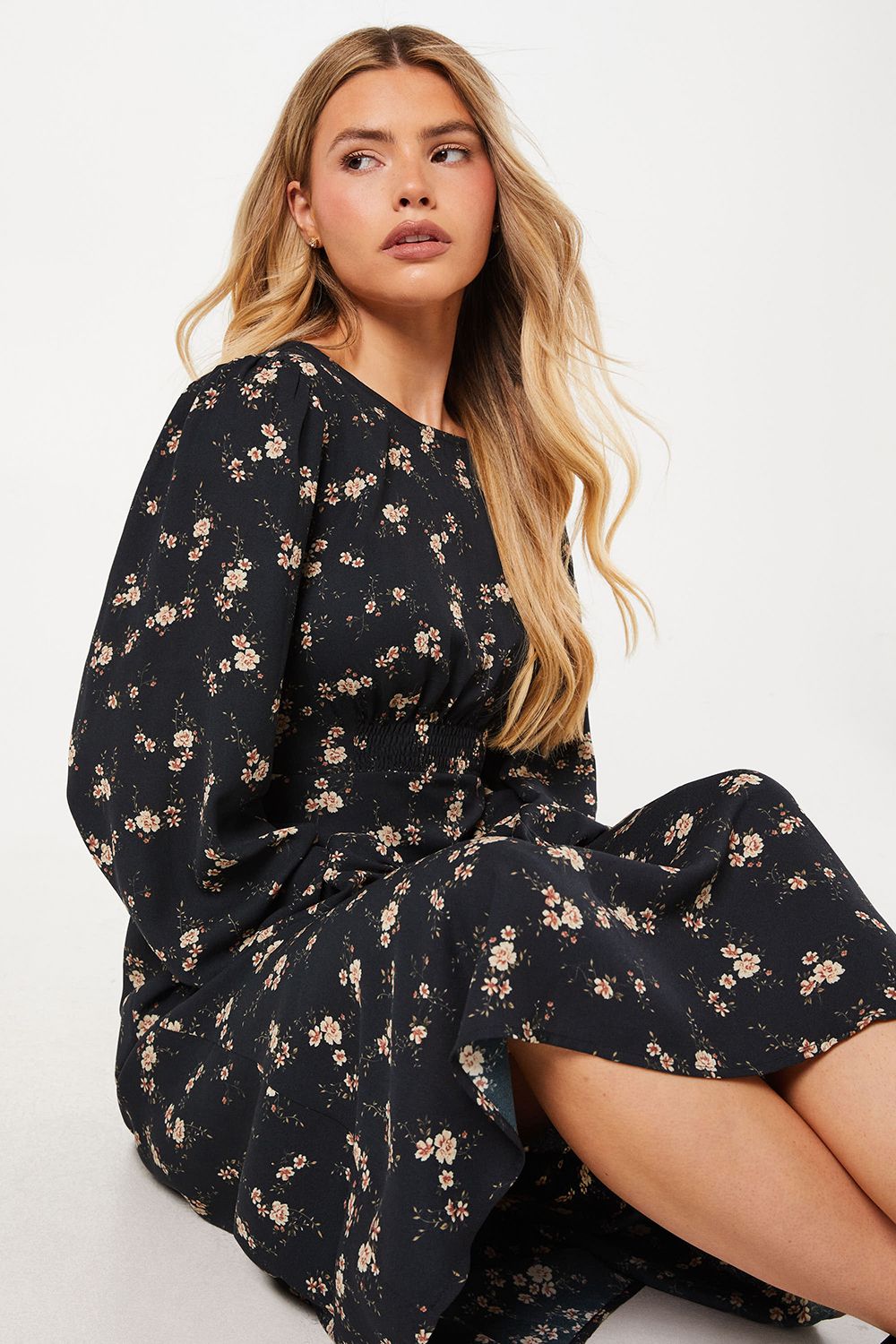 Dorothy Perkins Ditsy Floral Shirred Waist Long Sleeve Midi Dress