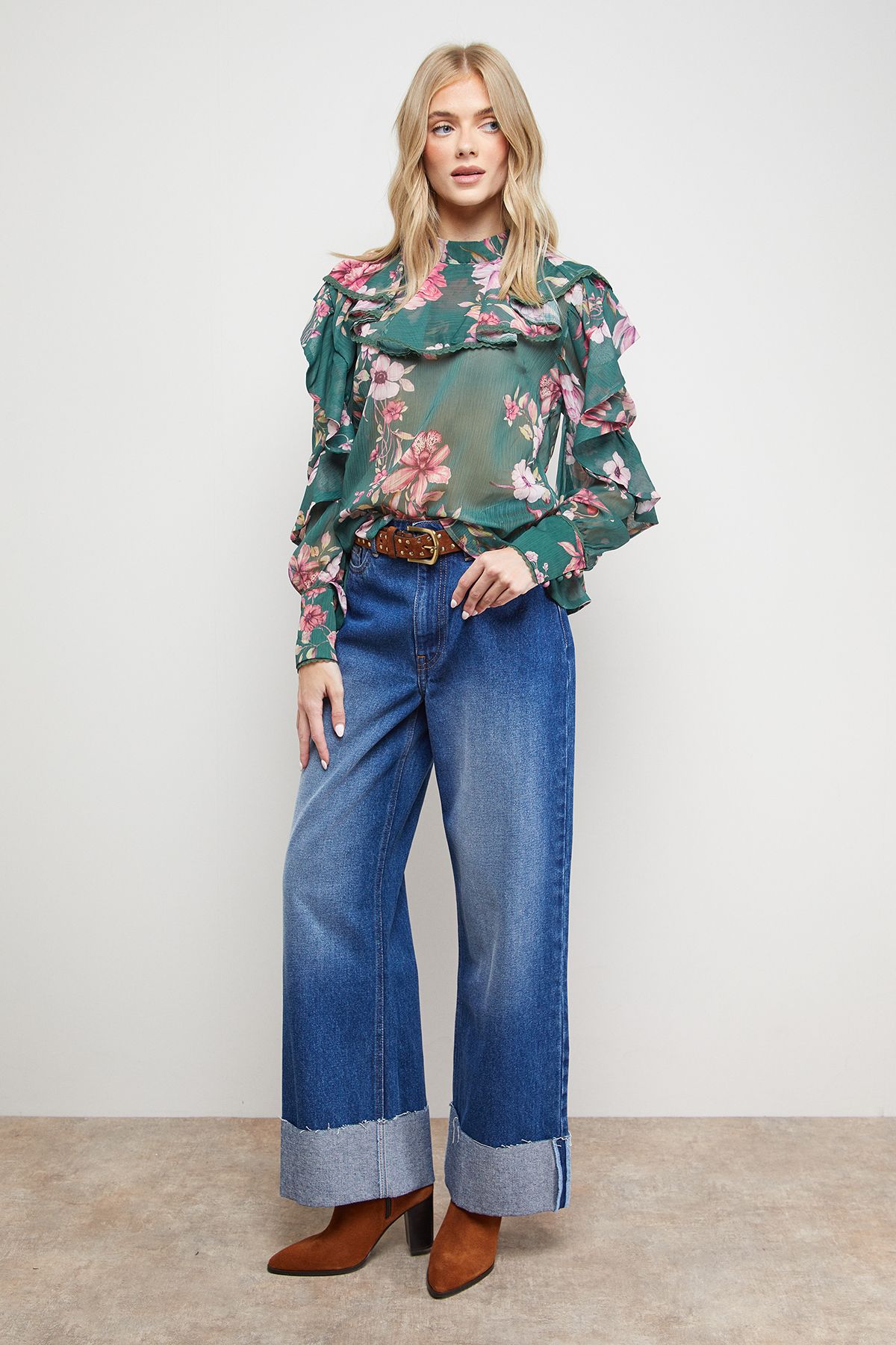 Oasis Printed Frill Yoke High Neck Blouse