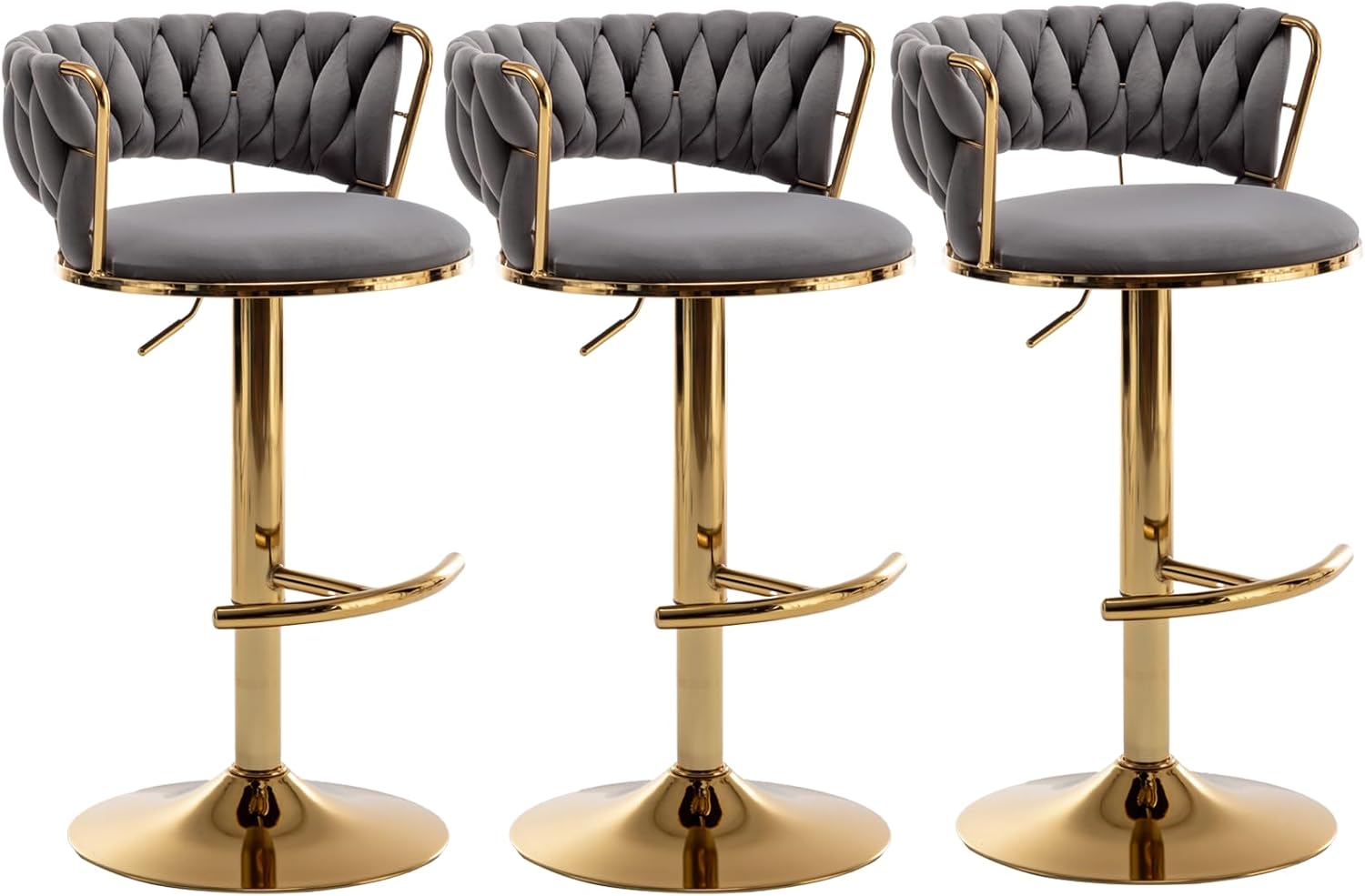Velvet Bar Stools Set of 3, Counter Height Barstools with Low Back, Gold Swivel Bar Stool for Kitchen Island, Pub (Grey)