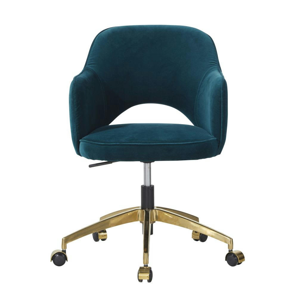 Sacha - Fauteuil de bureau à roulettes en velours bleu pétrole