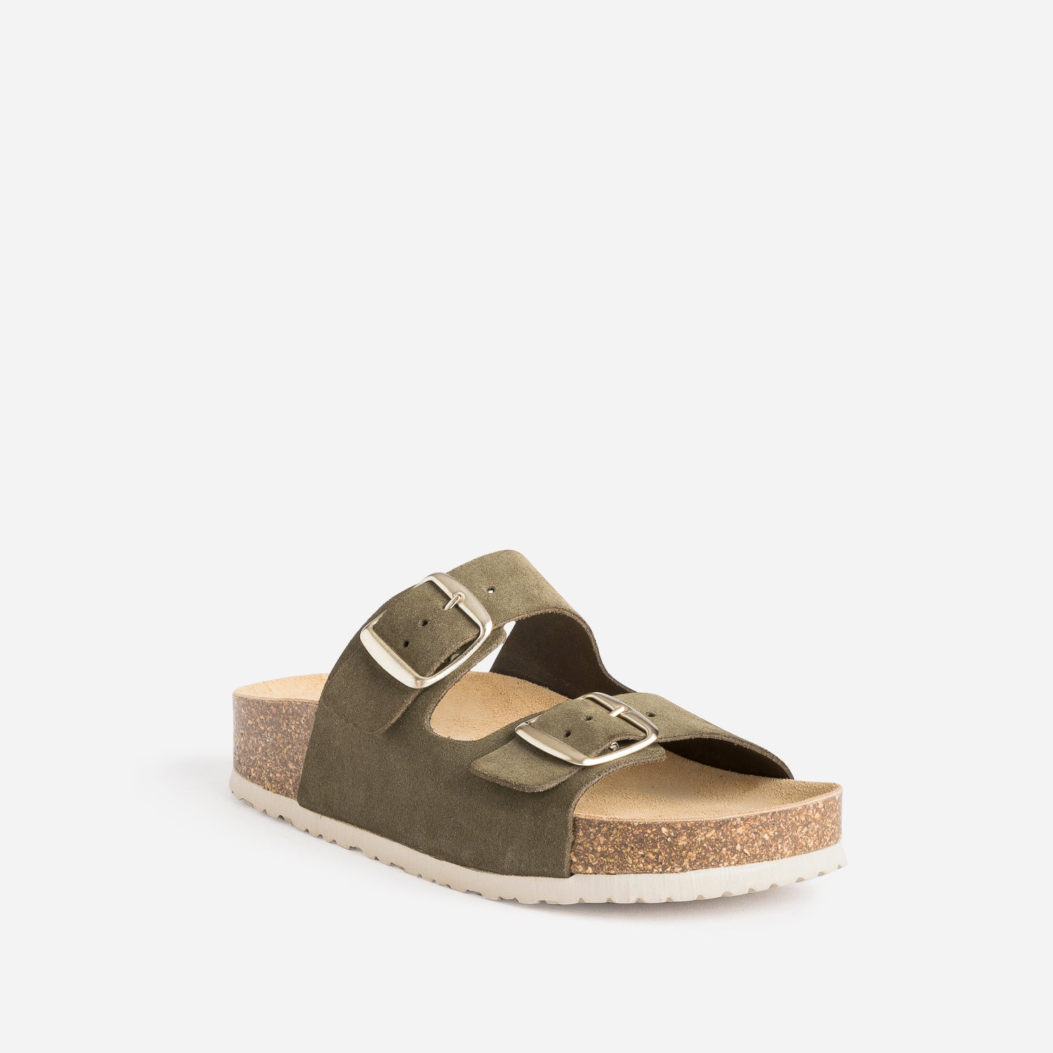 Mule anatomique kaki en cuir velours