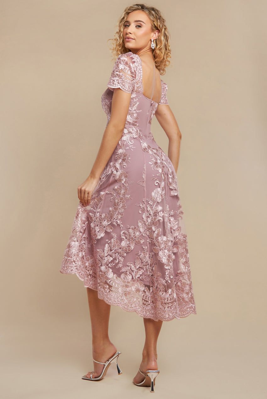 Goddiva Scalloped Neck Embroidered Lace High Low Midi Dress