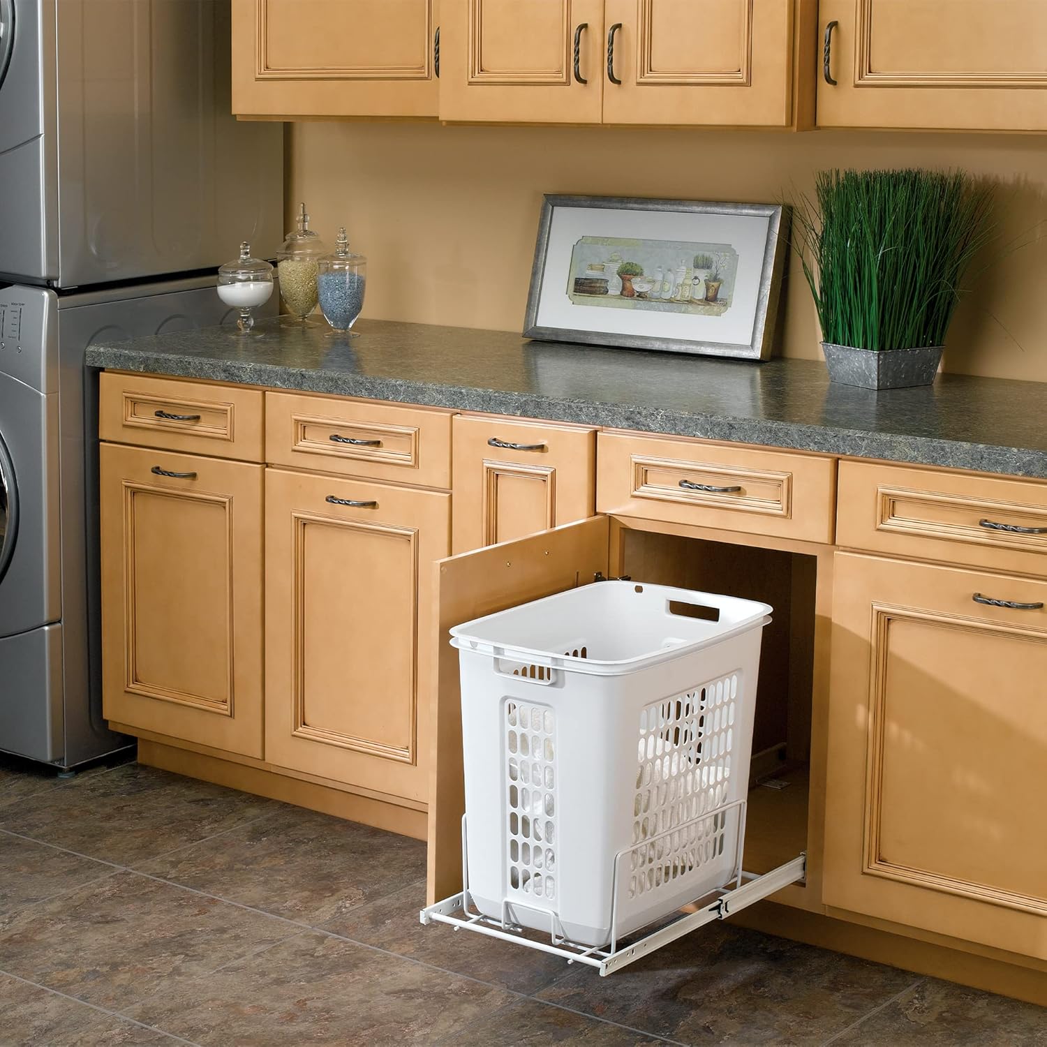 Rev-A-Shelf Pullout 20 Deep Cabinet Floor Steel Mounted Polymer Plastic Clothes Laundry Hamper with Full Extension Slides, White, HPRV-1520 S - Hidden Storage Organizer for Laundry Room and Bathroom