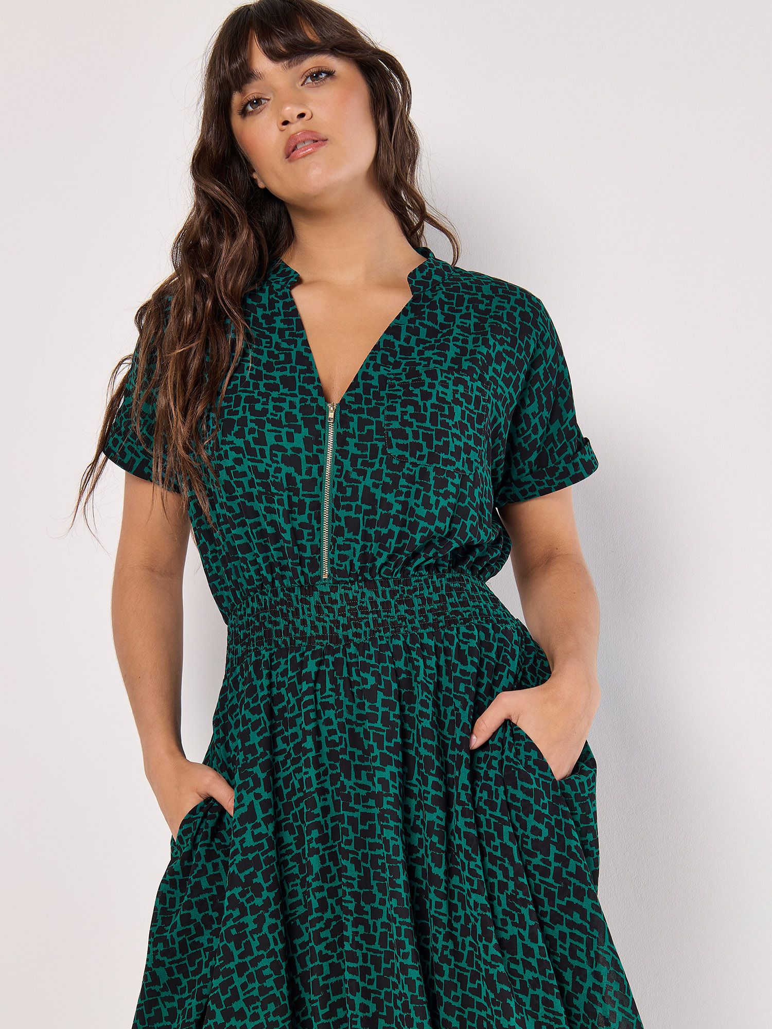 Apricot Abstract Squares Chiffon Midi Dress