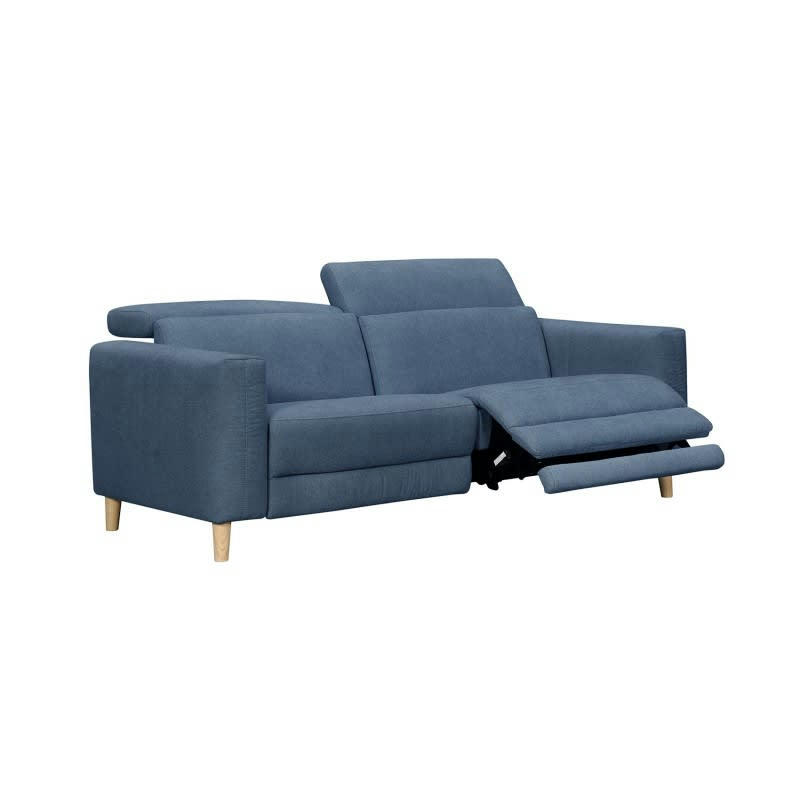 POLO - Canapé relaxation motorisé 2.5 places en tissu bleu pieds bois