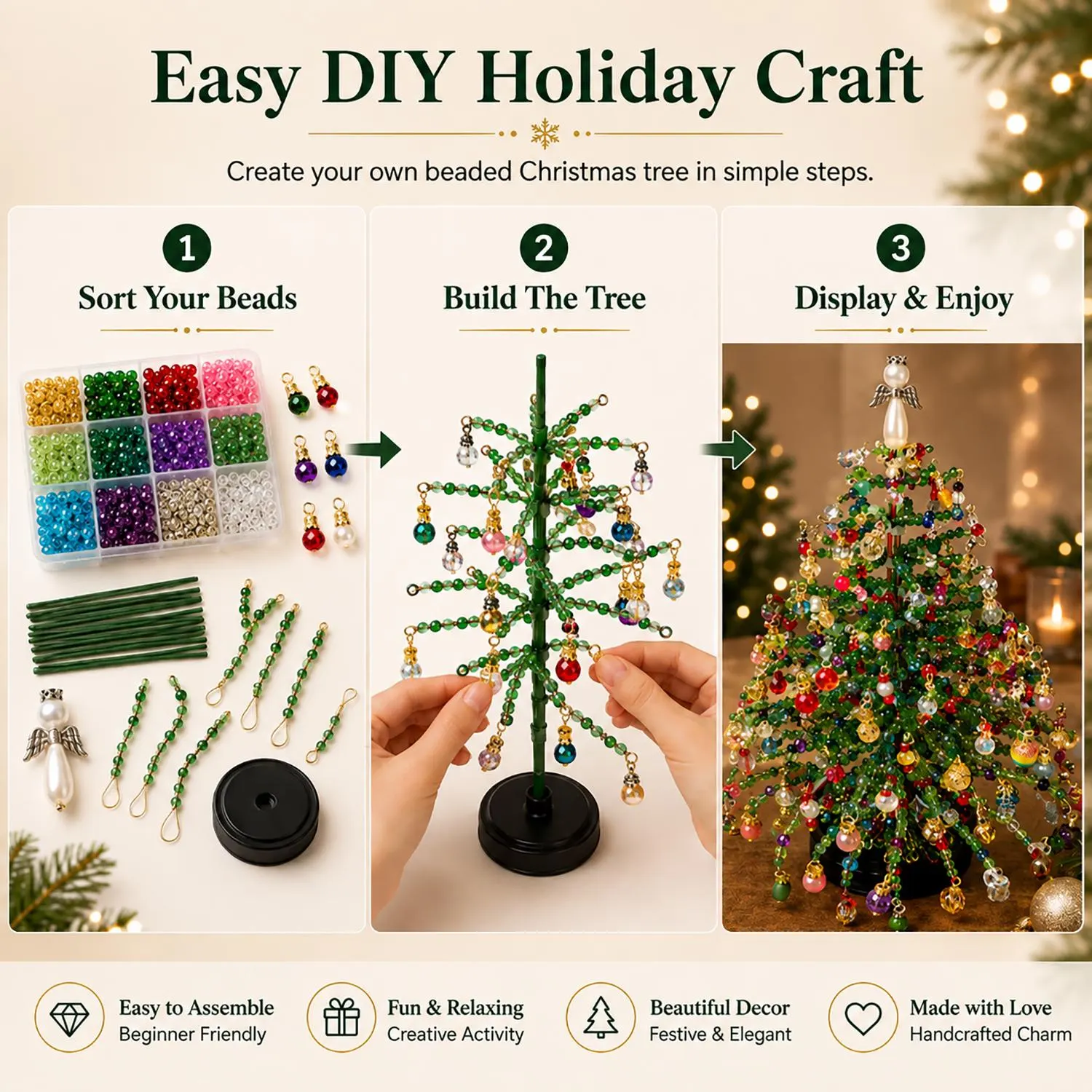 DIY Beaded Christmas Tree Kit with Lights, Light Up Bead Xmas Tree Craft Kit, Tabletop Beaded Holiday Decoration, Festive Home Decor