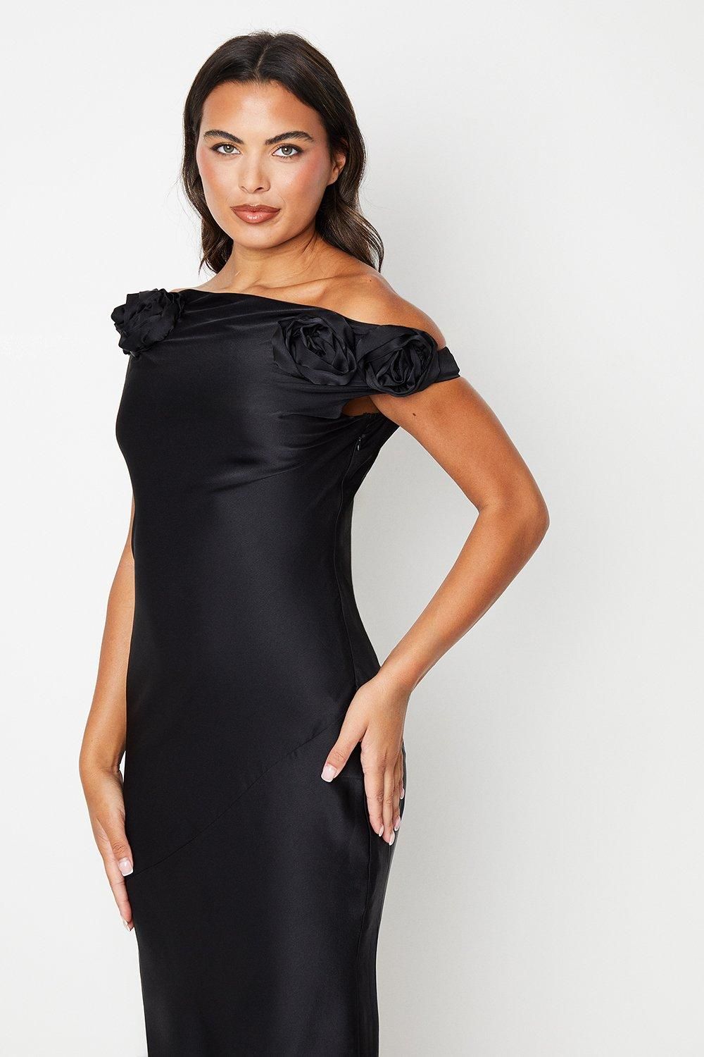 Coast Rose Shoulder Bias Cut Midi Wedding Guest Dress