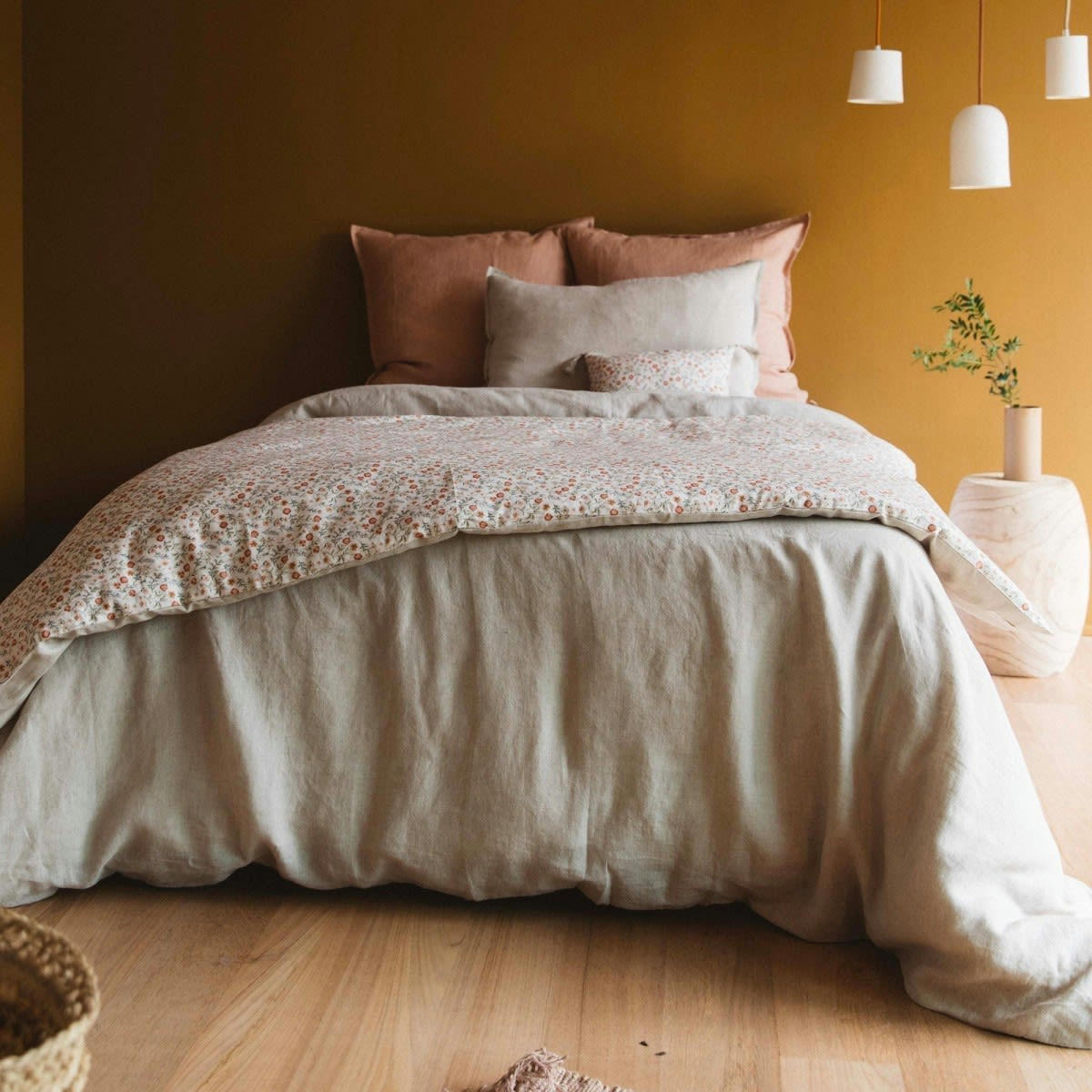 LES ESSENTIELS - Housse de couette fermeture boutons en lin lavé beige foncé 240x220