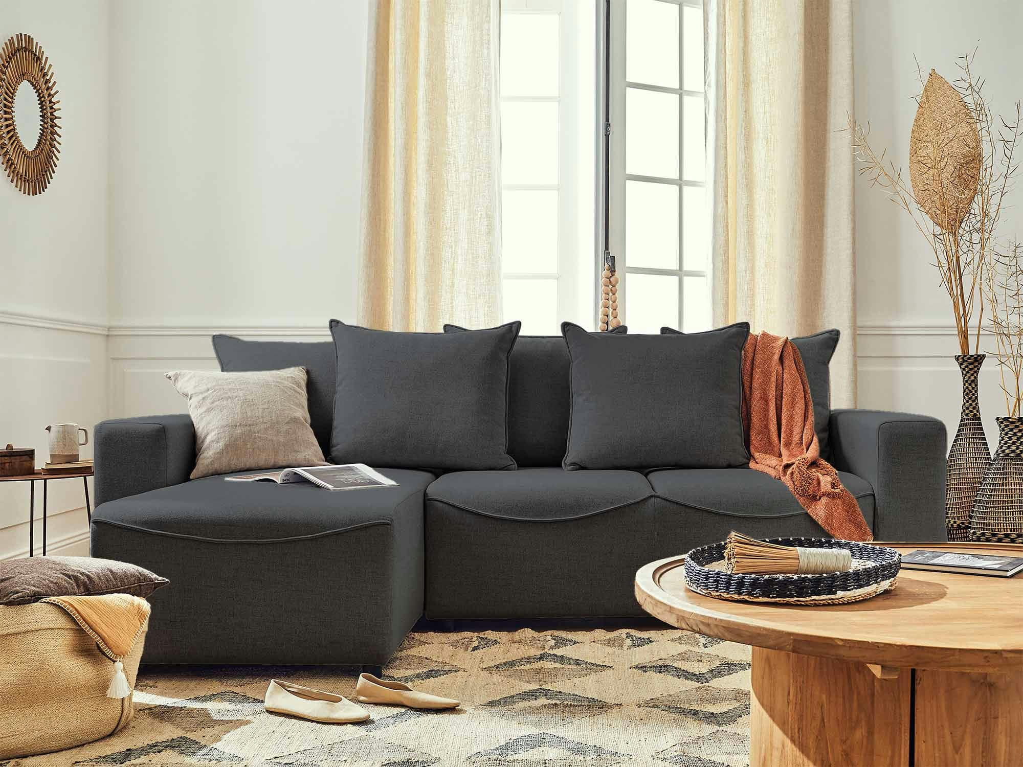 CAPUCINE - Canapé d'angle réversible convertible 4 places en tissu gris foncé