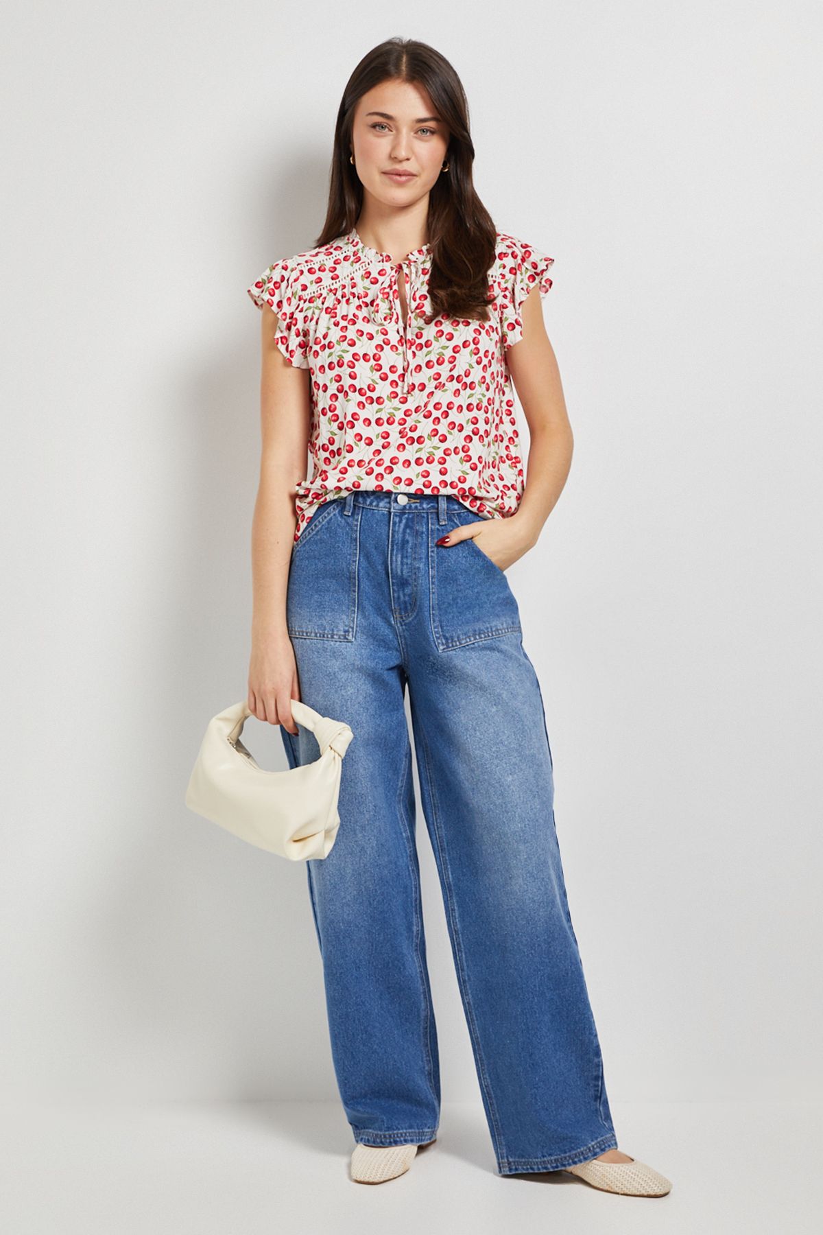 Dorothy Perkins Cherry Lace Trim Tie Front Top