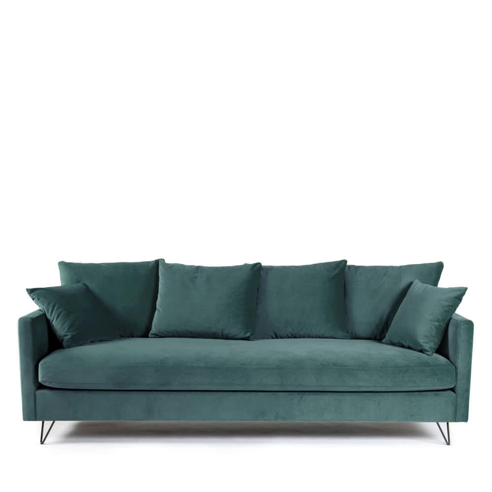 VILLABON - Canapé convertible 4 places en velours pieds épingles noirs vert eucal