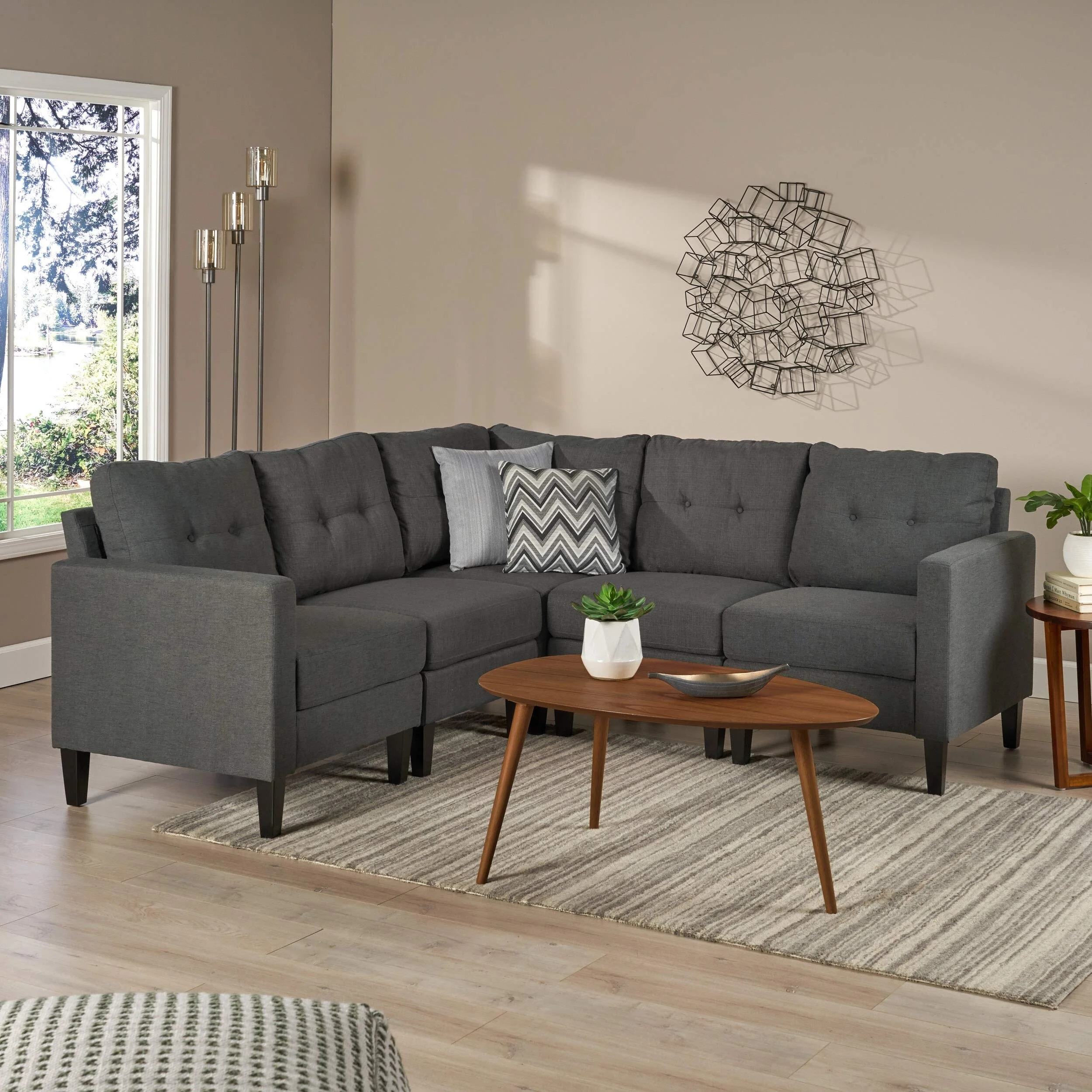 84.75'' Mid-Century Modern 5 Seater Sectional Sofa Couch with Button-Tufted Back Cushions, Durable Solid Wood Frame