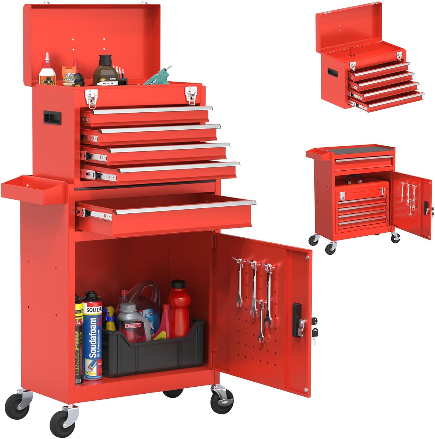 Tool Chest, 5-Drawer Rolling Tool Chest with Detachable Top Tool Box, Tool Box with Wheels, Tool Storage Cabinet for Garage Warehouse Workshop (Red)