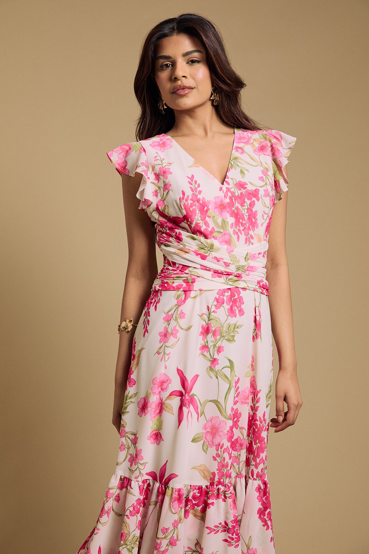 Oasis Petite Printed Twist front Detail Tiered Midi Dress