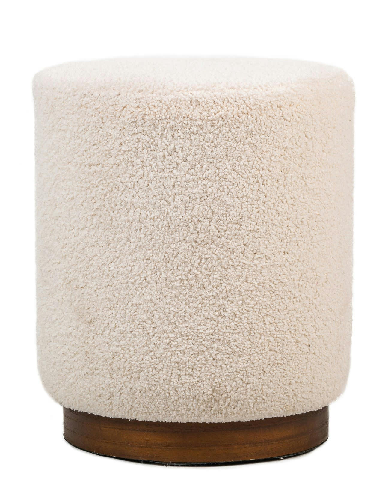 - Pouf en bouclettes blanches et base en bois
