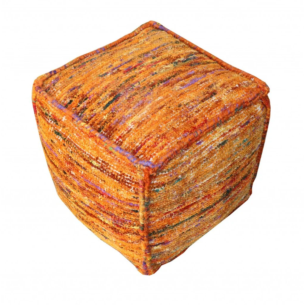 18 Orange Recycled Silk and Cotton Blend Cube Pouf Ottoman