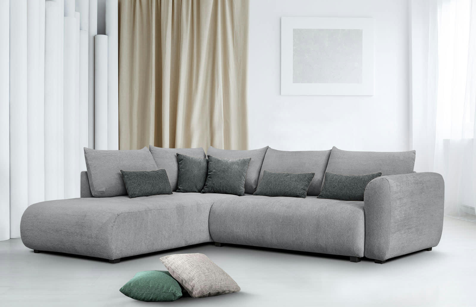 SORENO - Canapé d'angle gauche 5 places gris avec le couchage