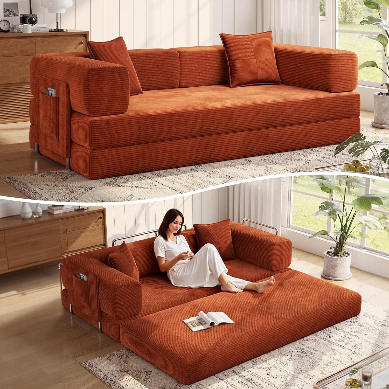 MoonSpeak 78.8''Sleeper Couch Bed for Livingroom,Convertible Modular Sofa with Armrest Pillow,Modular Foldable Corduroy Couches in a Box,No Assembly (Orange)