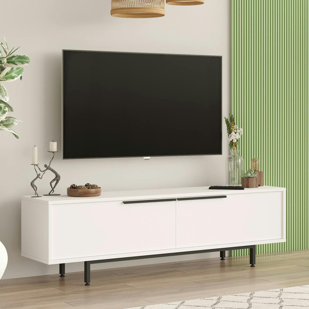 Meuble TV blanc avec rangement pieds métal noir JENA