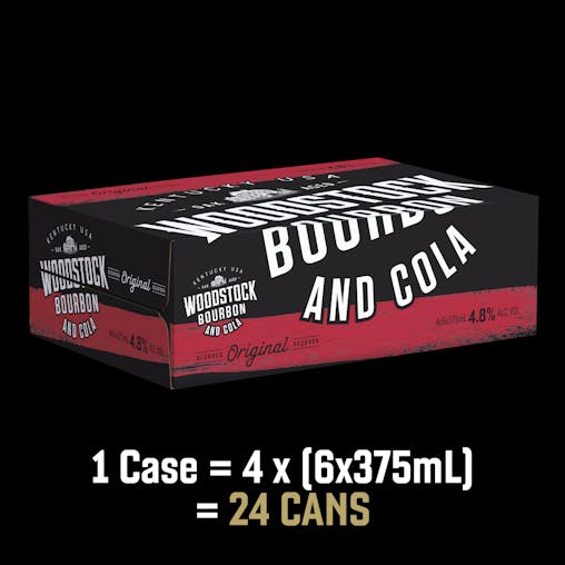 Woodstock Bourbon and Cola, Full-Bodied Mixed Drink, Smooth Whiskey Premix, 4.8% ABV, 375mL (Case of 24 Cans)
