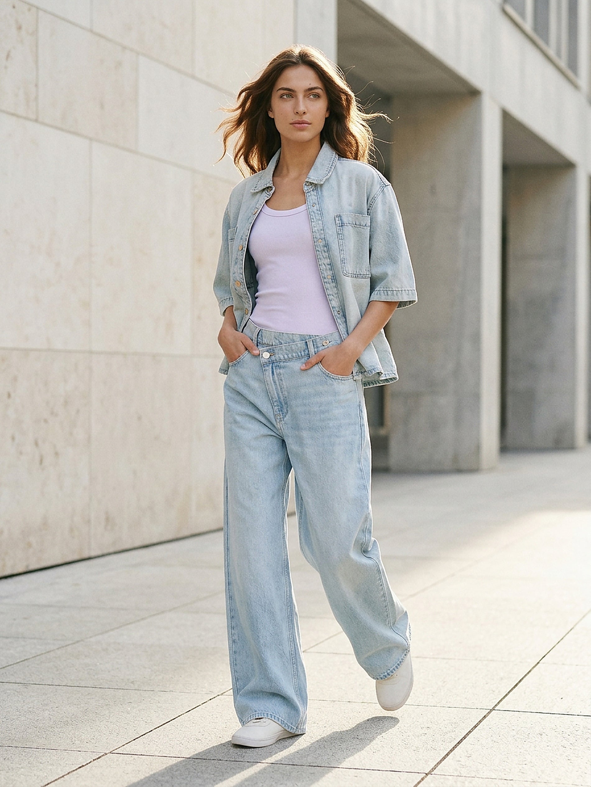 Jeansy wide leg mid waist z krzyżowanym pasem