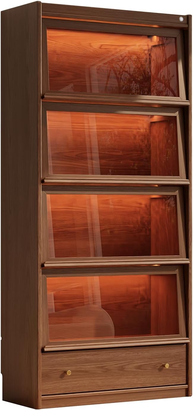 AQIMUELE Solid Wood Bookcase - 5-Tier Book case with 3 Color LED, 73.5 H x 32 W Tall Bookshelf with Clear Glass Doors and Storage Display Case Cabinet for Living Room