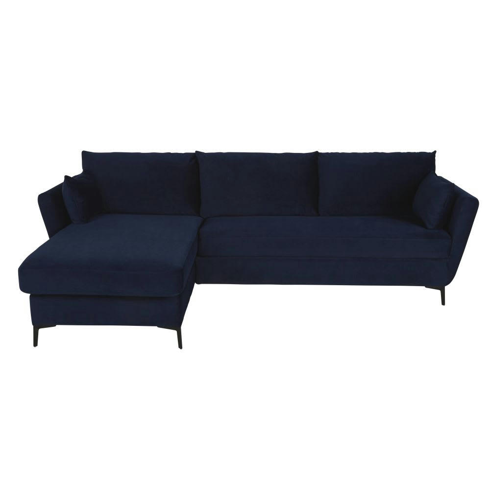Prague - Canapé d'angle gauche convertible 2/3 places en velours bleu nuit, matelas 10 cm