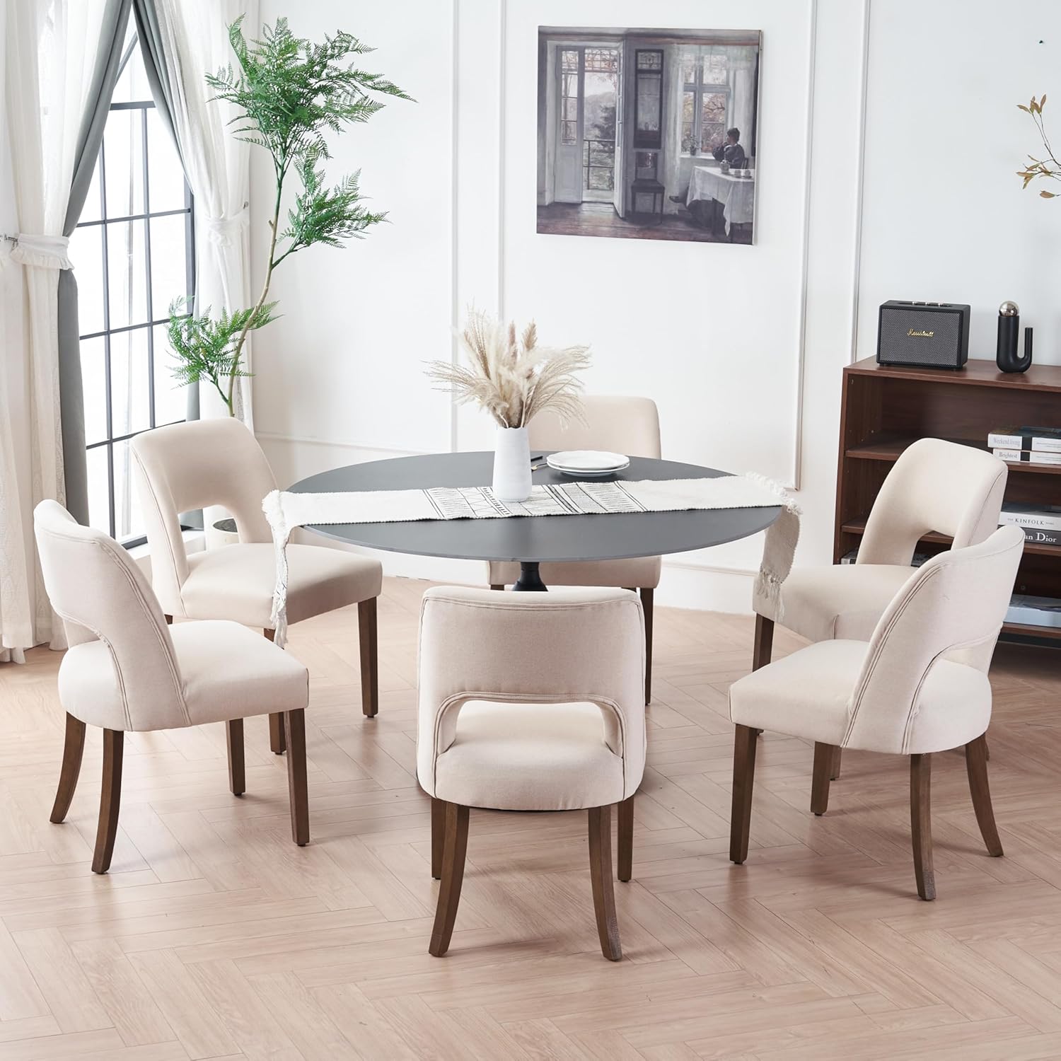 VKNOW Wooden Dining Chairs Set of 6, Modern Fabric Upholstered Dining Room Chair Kitchen Chairs, Farmhouse Dinner Chair for Kitchen Dining Room, Beige