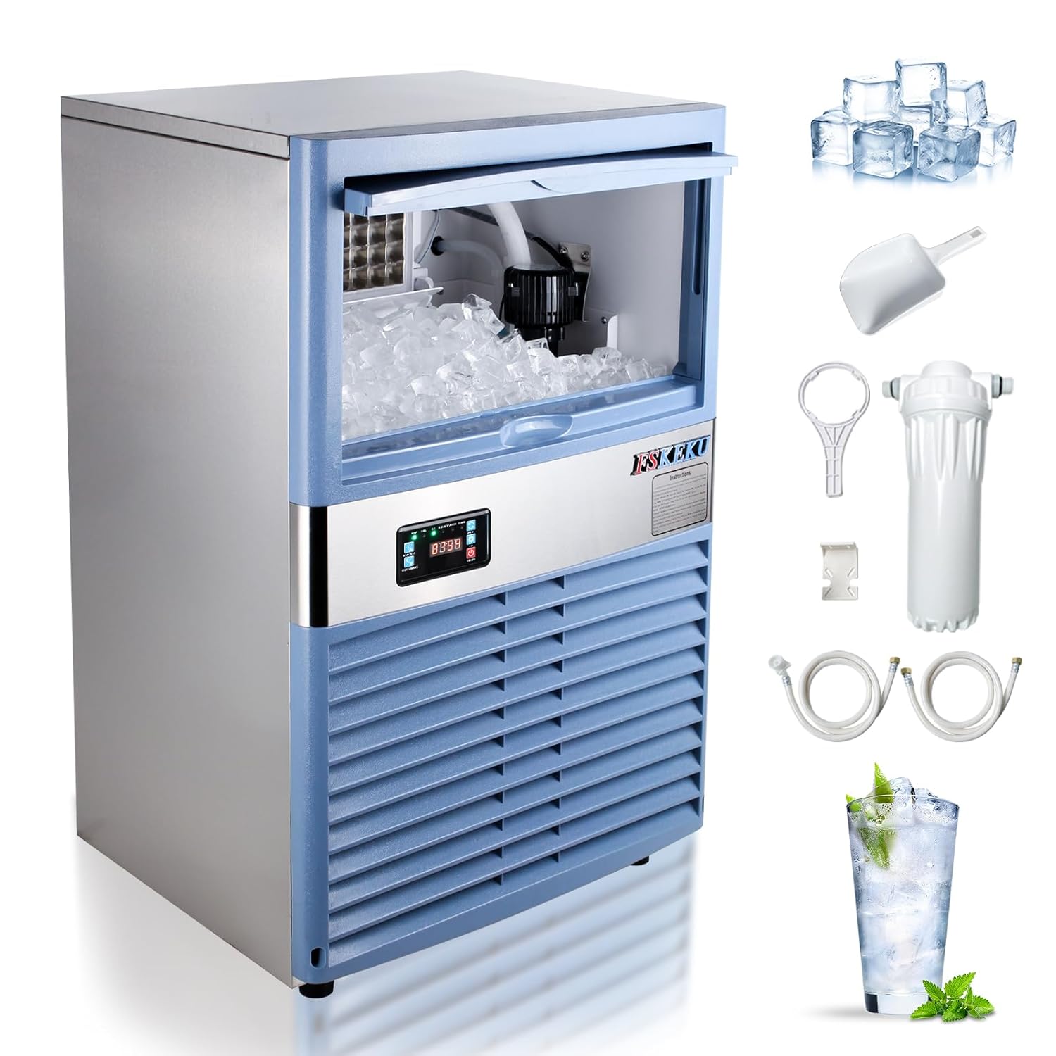 Commercial Ice Maker 100Lbs/24H, Undercounter Ice Machine with 33Lbs Storage, Stainless Steel Nugget Ice Maker for Restaurant/Bar/Office