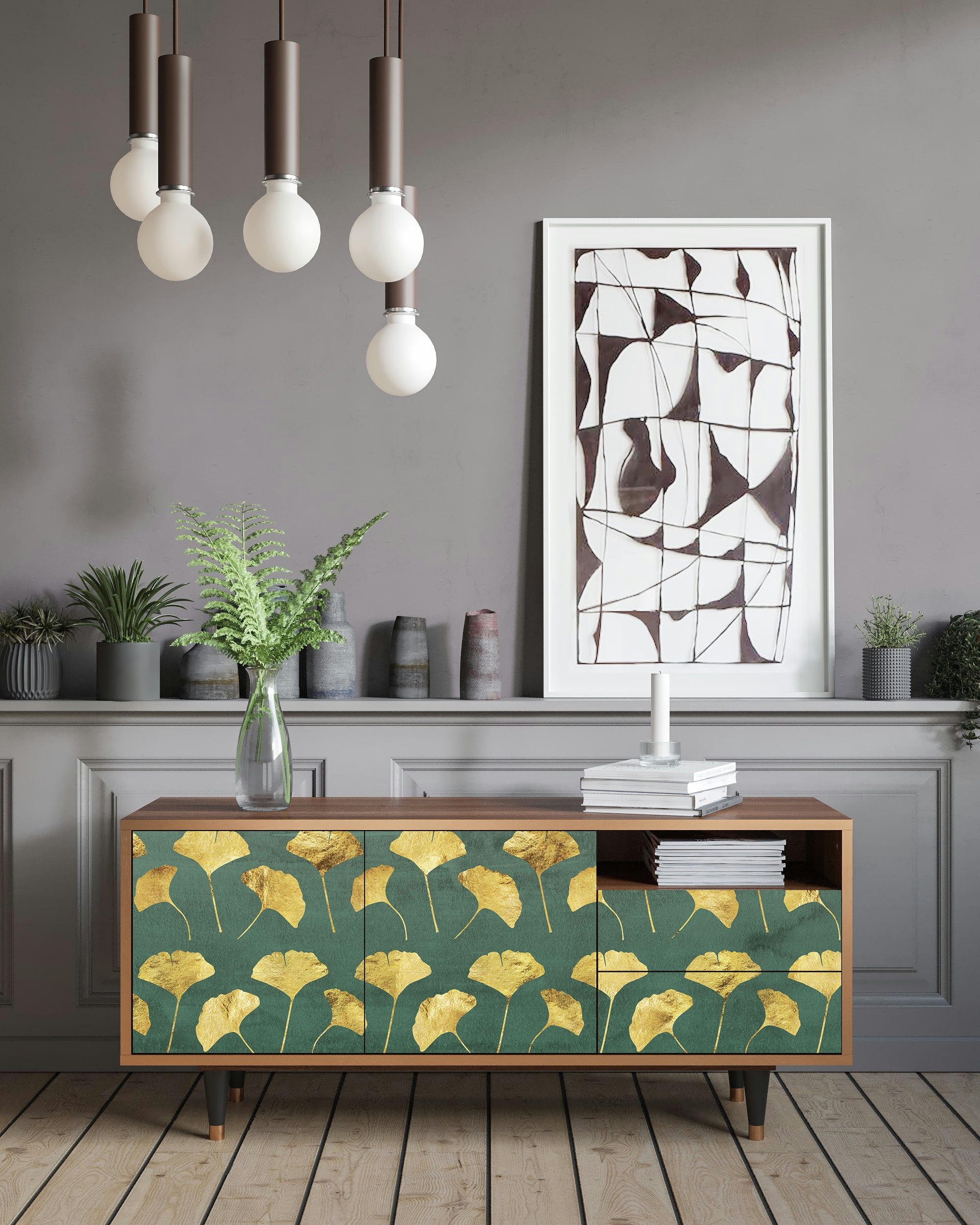 GINGKO LEAVES - Meuble TV  vert et jaune 2 tiroirs et 2 portes L 125 cm