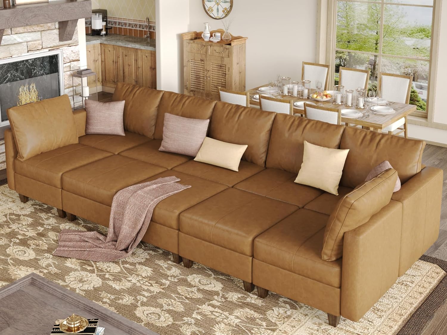 EASE MOOSE Faux Leather Sectional Sleeper Modular Sofa Modular Couch with Storage, Convertible Faux Leather Modular U Sectional Sleeper Sofa Couch Brown